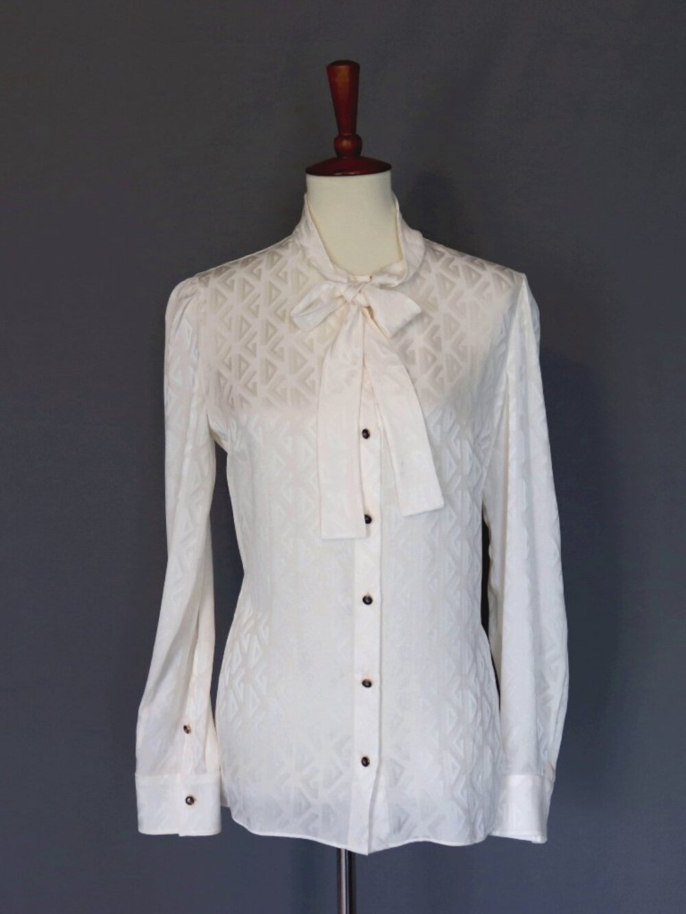 Dolce & Gabbana Size 44 DG Jacquard Logo Silk Pussy Bow Blouse White Shirt Top